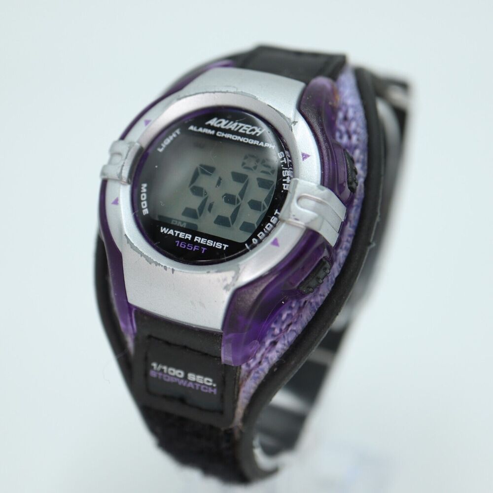 Aquatech Digital Watch Purple Black 35mm Unisex Chronograph Date w New Battery